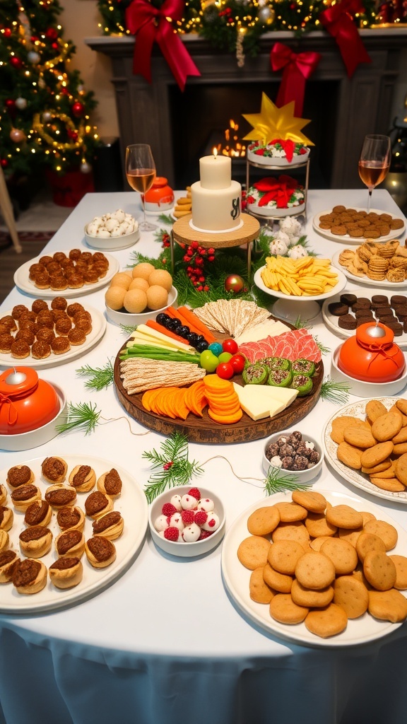 A festive Christmas party table with appetizers, cheese board, and holiday cookies.